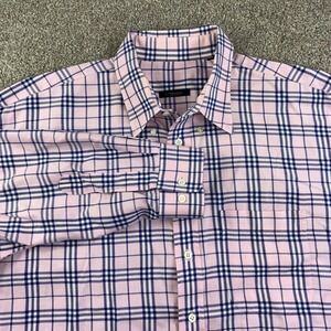 Burberry Mens Pink Navy Plaid Long Sleeve Button Down Dress Shirt Luxury